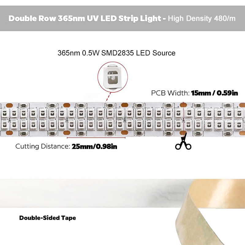 Helles UV-Licht 365 nm Hochleistungs-LED Zweireihiges 2835 Ultraviolett-Diodenband Helles UV-Licht 365 nm Hochleistungs-LED Zweireihiges 2835 Ultraviolett-Diodenband