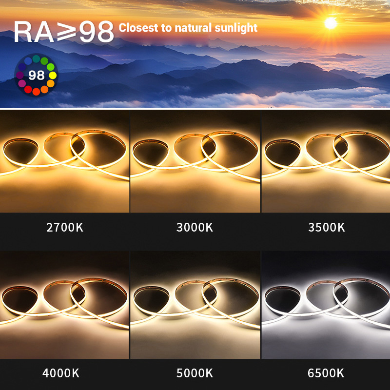 CRI 98 Natural Sunlight Led Cob Full Spectrum White Strip Lights DC24V CRI 98 Natural Sunlight Led Cob Full Spectrum White Strip Lights DC24V