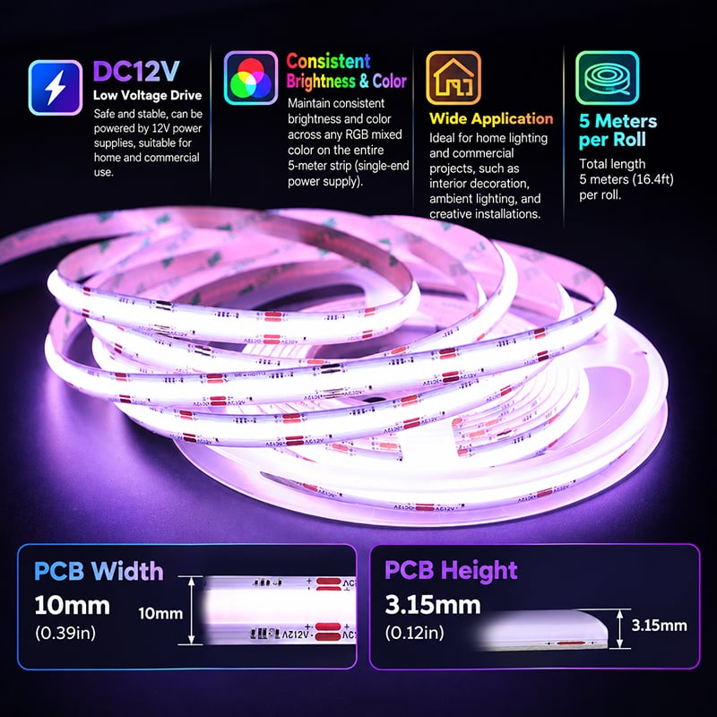 DC12V Uniform COB Bright RGB Color Changing LED Strip Light DC12V Uniform COB Bright RGB Color Changing LED Strip Light