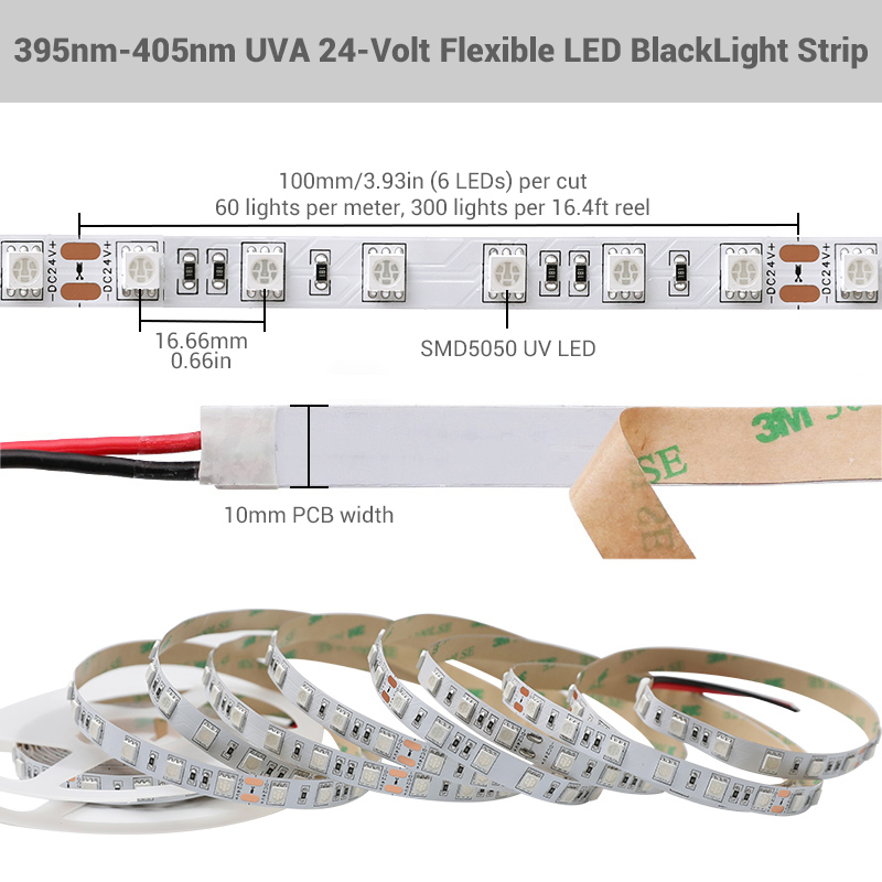 DC24V UV (Ultraviolet) LED Strips 395-405nm Flexible LED BlackLight in White PCB, For Sterilization, Halloween Party DC24V UV (Ultraviolet) LED Strips 395-405nm Flexible LED BlackLight in White PCB, For Sterilization, Halloween Party