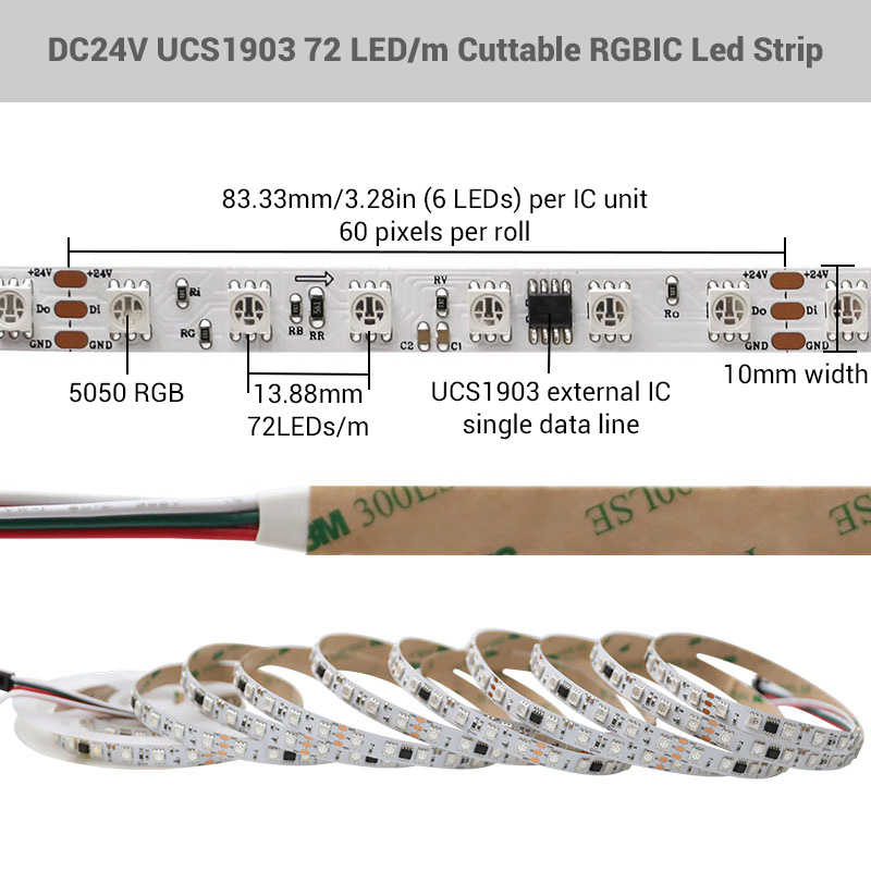 DC24V UCS1903 72 LED/m 10mm schneidbarer RGBIC-LED-Streifen DC24V UCS1903 72 LED/m 10mm schneidbarer RGBIC-LED-Streifen