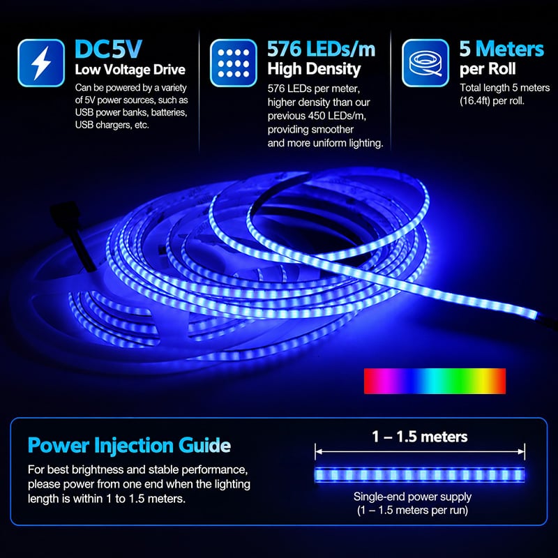 DC5V Multi Color RGB LED Light Strip 5mm COB 576 High Density Ambient Glow DC5V Multi Color RGB LED Light Strip 5mm COB 576 High Density Ambient Glow
