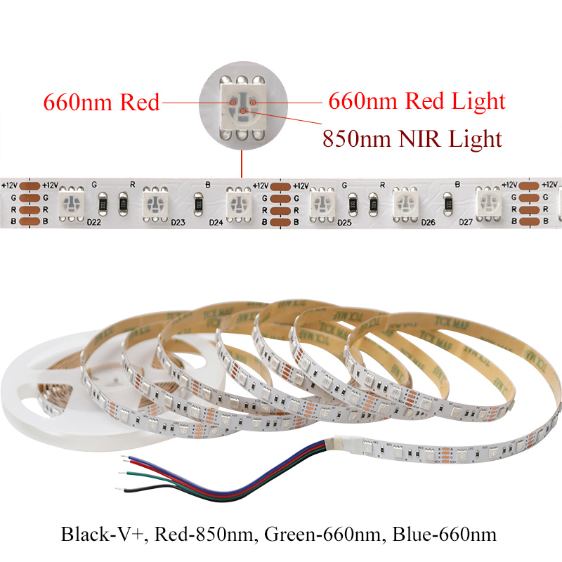 Dvojité 660nm červené a 850nm NIR 3-v-1 LED třípásmové páskové světlo Dvojité 660nm červené a 850nm NIR 3-v-1 LED třípásmové páskové světlo