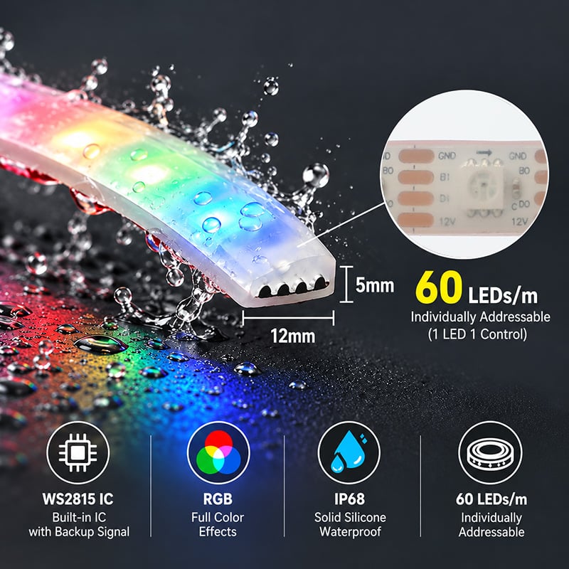 WS2815 Individually Addressable Outdoor LED Strip 5050 RGB Solid Silicone Waterproof IP68 12V WS2815 Individually Addressable Outdoor LED Strip 5050 RGB Solid Silicone Waterproof IP68 12V