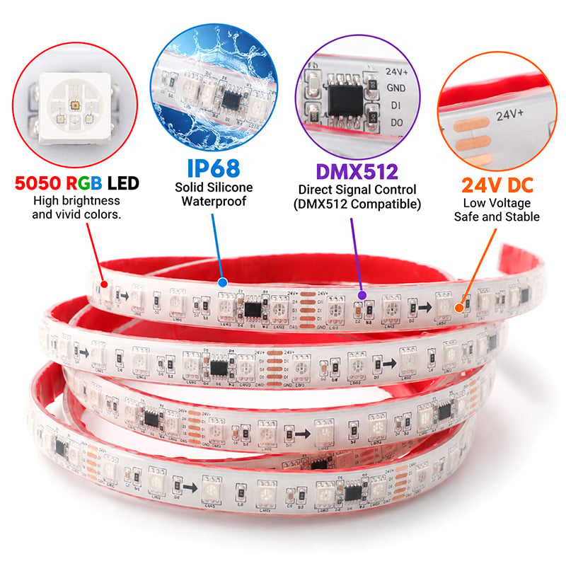 IP68-Rated Solid Silicone Waterproof DMX512 5050 RGB LED Ribbon Light Strip IP68-Rated Solid Silicone Waterproof DMX512 5050 RGB LED Ribbon Light Strip