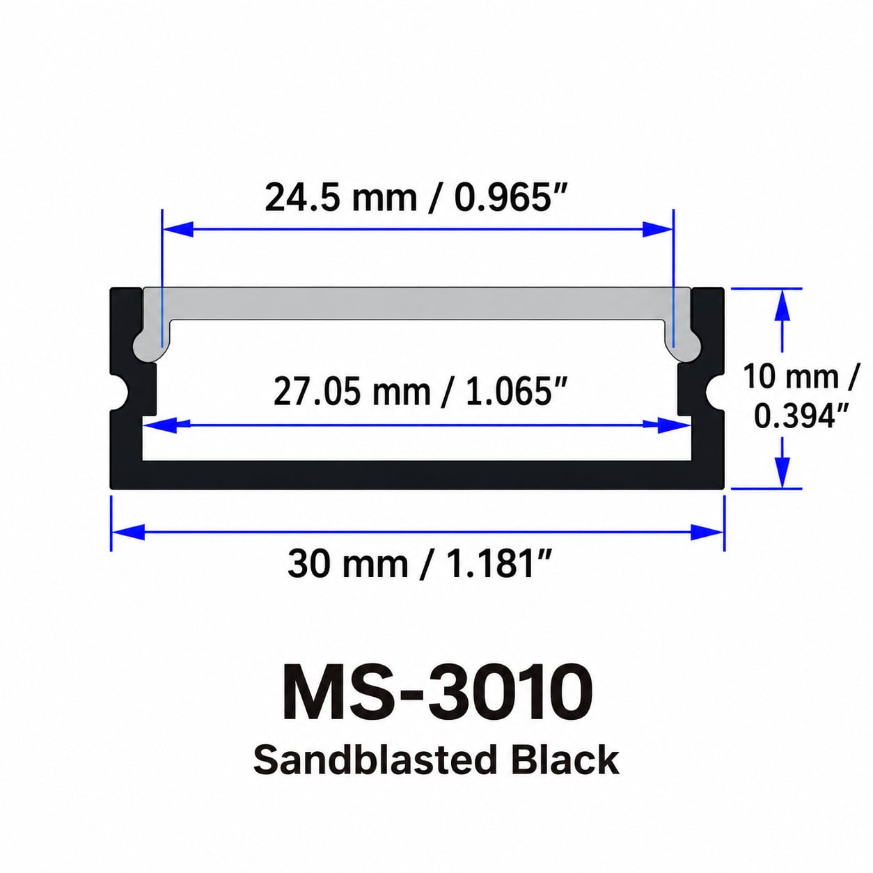 MS-3010 cross-section dimensions in millimeters and inches
