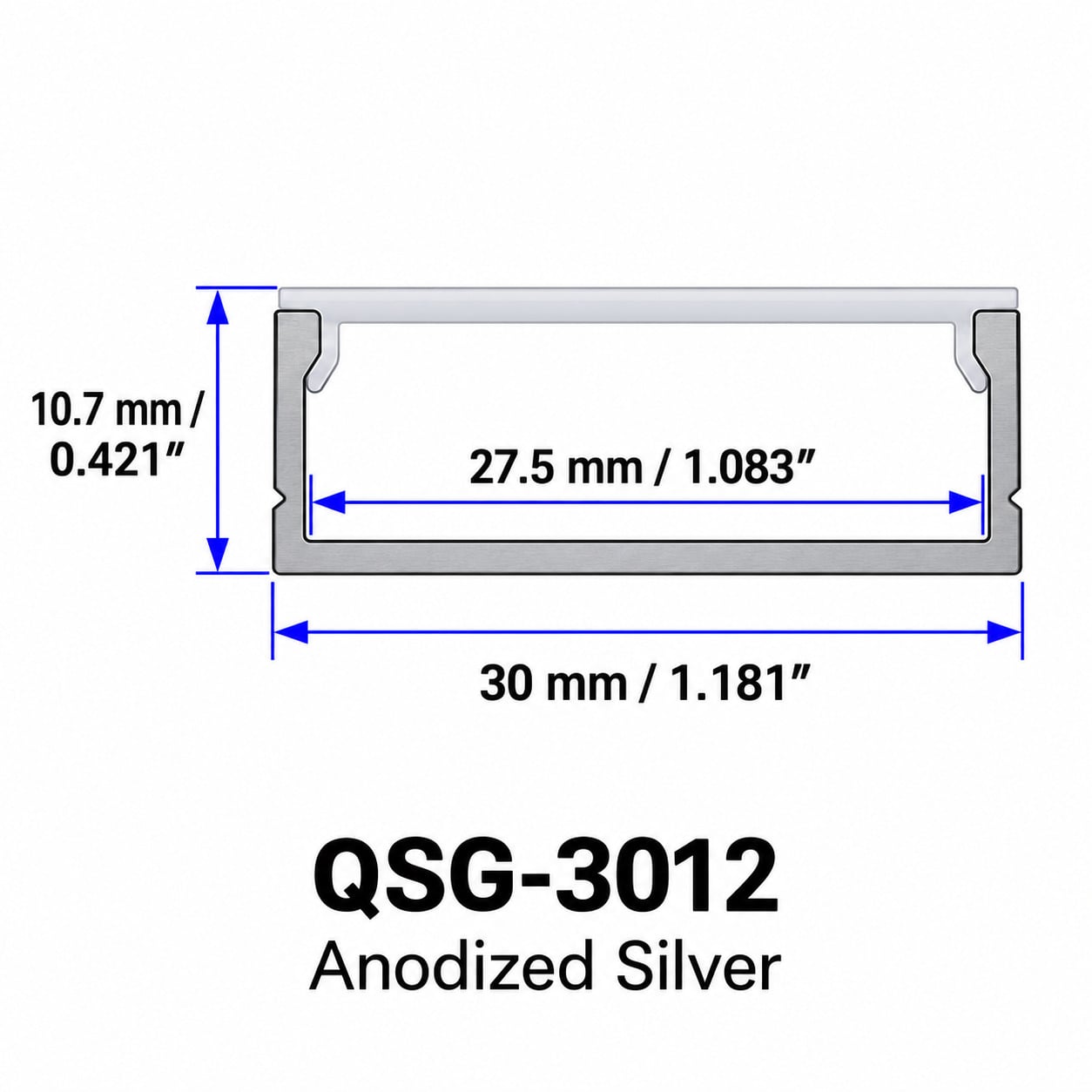 QSG-3012 cross-section dimensions in millimeters and inches