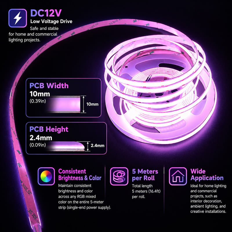 Super Bright 12-Volt Dotless Cob LED Strip Light RGB Color Changing Super Bright 12-Volt Dotless Cob LED Strip Light RGB Color Changing