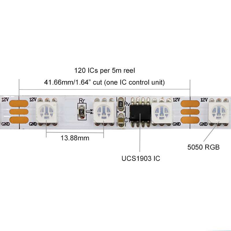UCS1903 LED Strip 12V 8mm Addressable RGB 72 LED/m Light Tape UCS1903 LED Strip 12V 8mm Addressable RGB 72 LED/m Light Tape