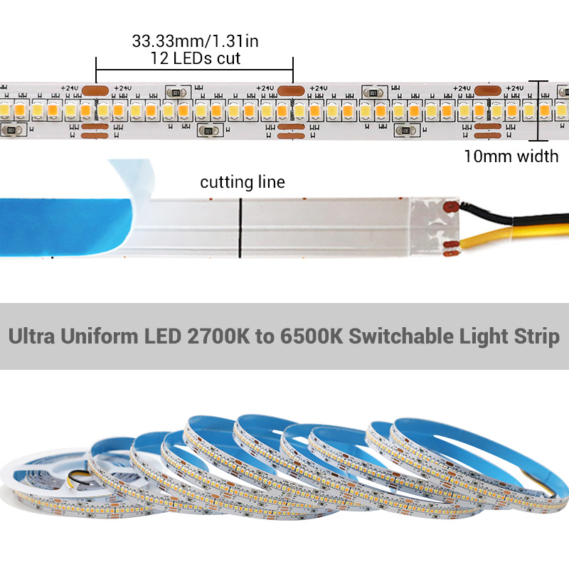 Ultragleichmäßiger LED-Lichtstreifen mit 2700 K Warmweiß und 6500 K Kaltweiß, umschaltbar Ultragleichmäßiger LED-Lichtstreifen mit 2700 K Warmweiß und 6500 K Kaltweiß, umschaltbar