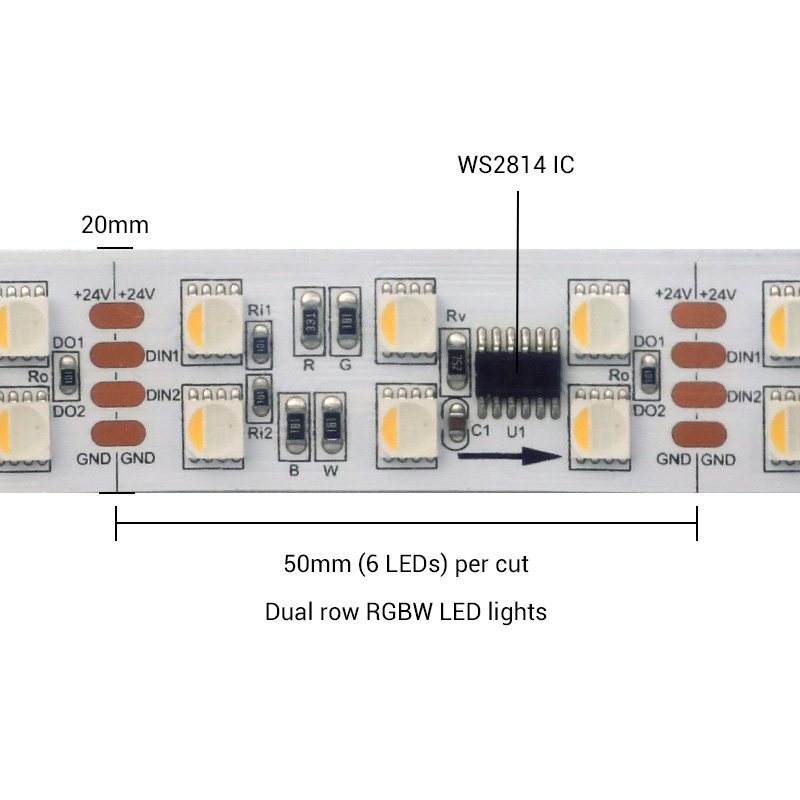 24V Dual Row 5050 RGBW Addressable WS2814 Led Strip 100 ICs 24V Dual Row 5050 RGBW Addressable WS2814 Led Strip 100 ICs